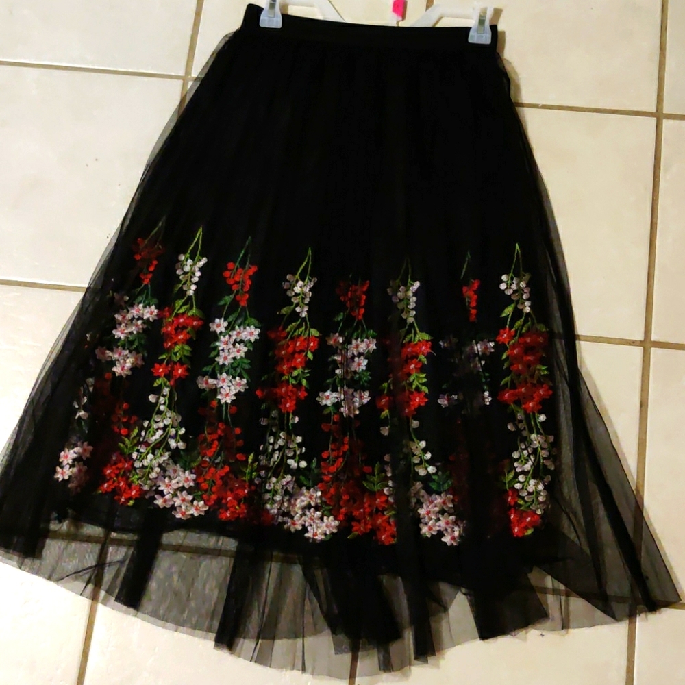 Black Mesh Red and pink floral Embroidery skirt